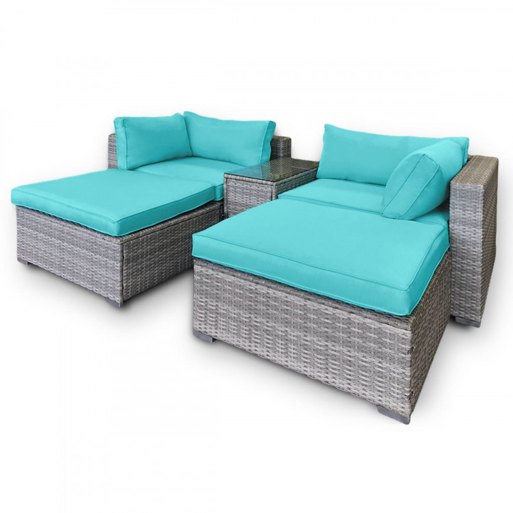 Rattan Outdoor 5pc Corner Chairs Ottoman Furniture Set - Aqua Cushions