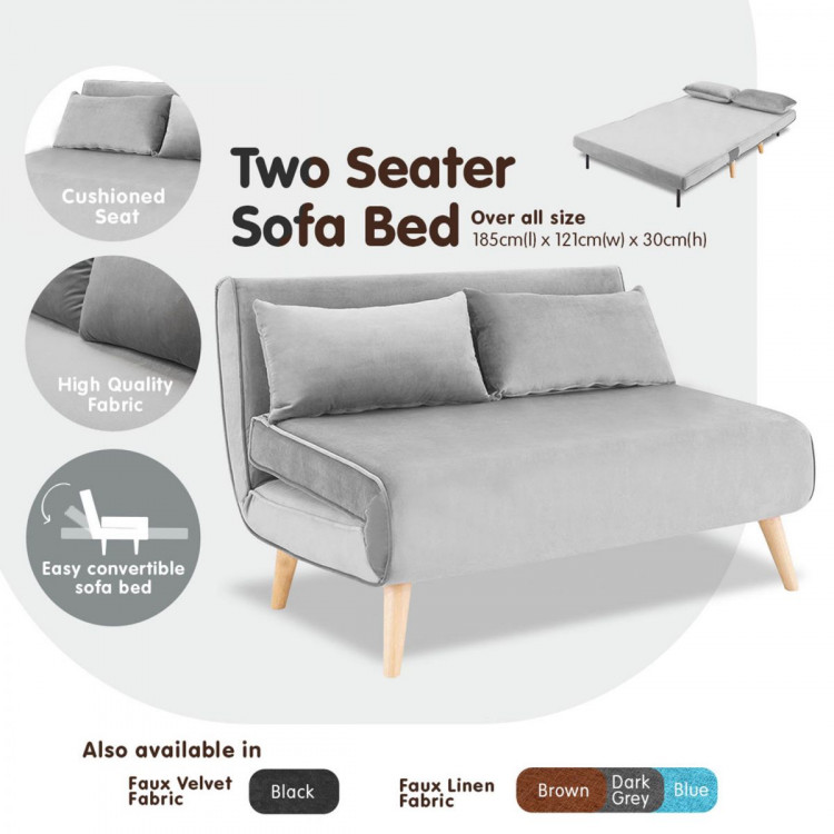 2-Seater Adjustable Sofa Bed Lounge Faux Velvet Fabric - Light Grey image 3