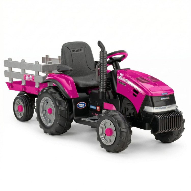 Peg Perego Pink Case IH 12V Kids Ride On Tractor with Trailer 2 Speed Toy image 3