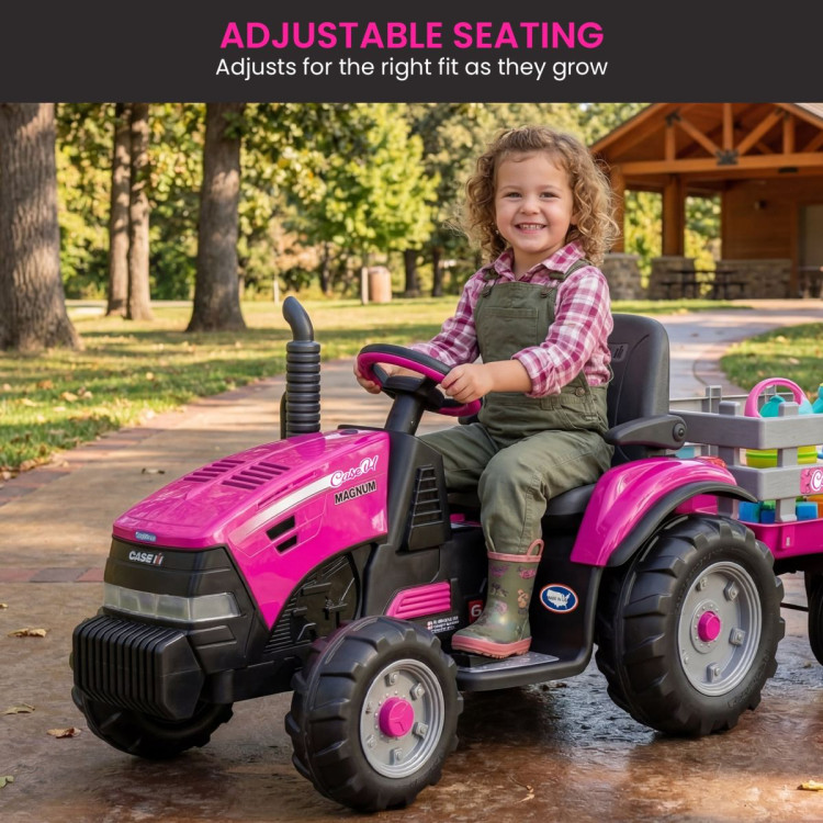 Peg Perego Pink Case IH 12V Kids Ride On Tractor with Trailer 2 Speed Toy image 7