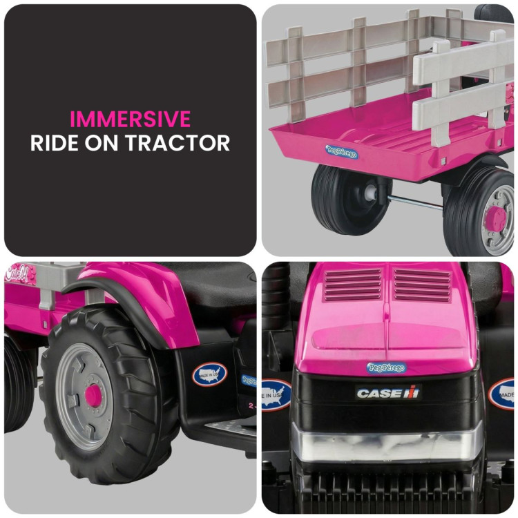 Peg Perego Pink Case IH 12V Kids Ride On Tractor with Trailer 2 Speed Toy image 8