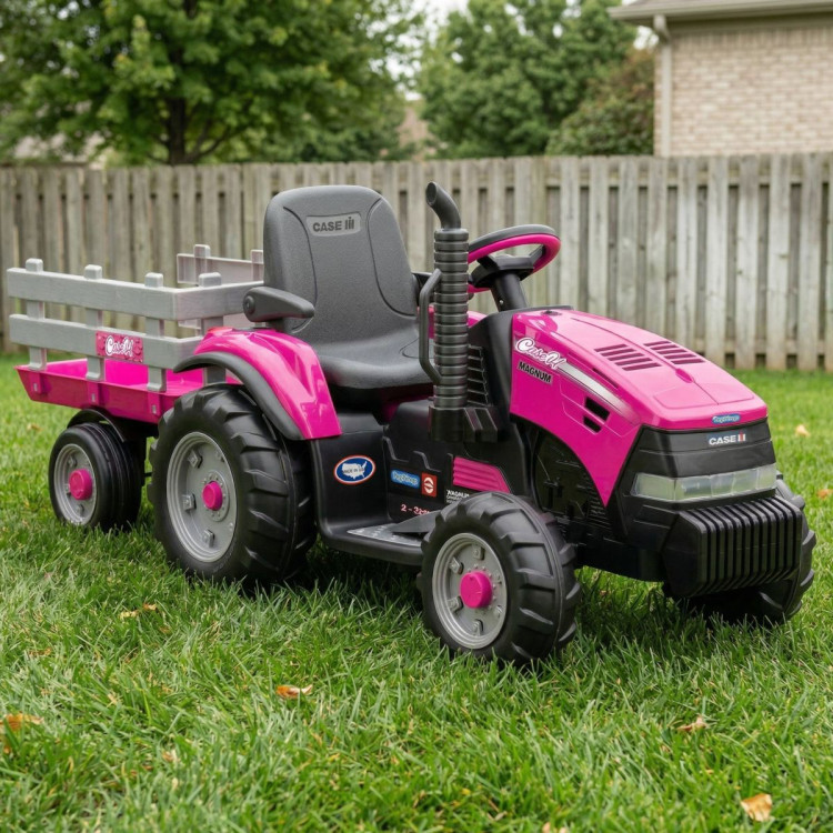 Peg Perego Pink Case IH 12V Kids Ride On Tractor with Trailer 2 Speed Toy image 10