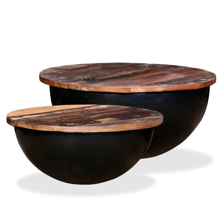 Coffee Table Set 2 Pieces Solid Reclaimed Wood Black Bowl Shape image 2