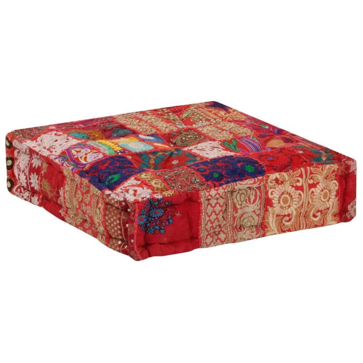 Patchwork Pouffe Square Cotton Handmade 50x50x12 Cm Red image 5