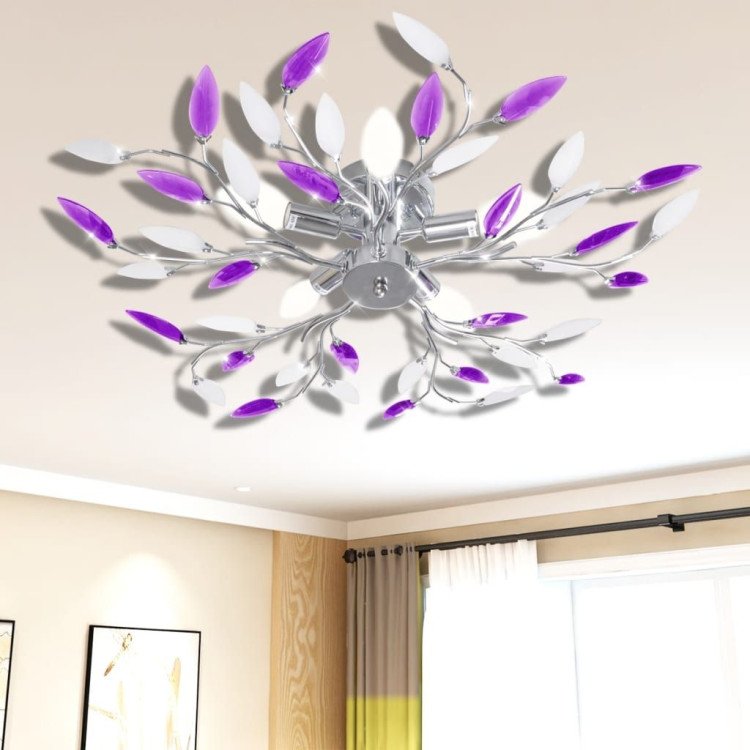 Purple&white Ceiling Lamp Acrylic Crystal Leaf Arms For 5 E14 Bulbs