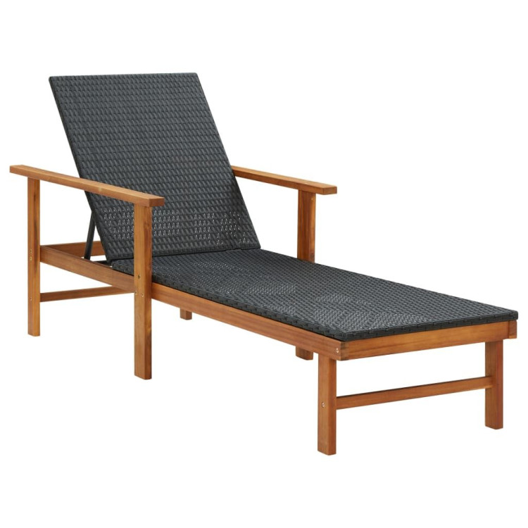 Sun Lounger Poly Rattan And Solid Acacia Wood Black image 2