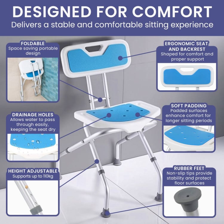 Orthonica Height-Adjustable Foldable Aluminium Bathroom Shower Bath Chair image 10
