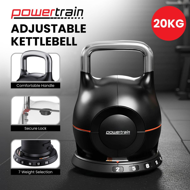 Powertrain Adjustable Kettlebell 20kg 7 in 1 Weight Selection Set w/Quick One Hand Adjustment Secure Locking System image 15
