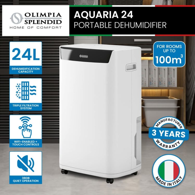 Olimpia Splendid Aquaria S1 24 P Dehumidifier for 100sqm with HEPA Filter Wi-Fi Control 5L Tank & Quiet 38dB Operation image 2