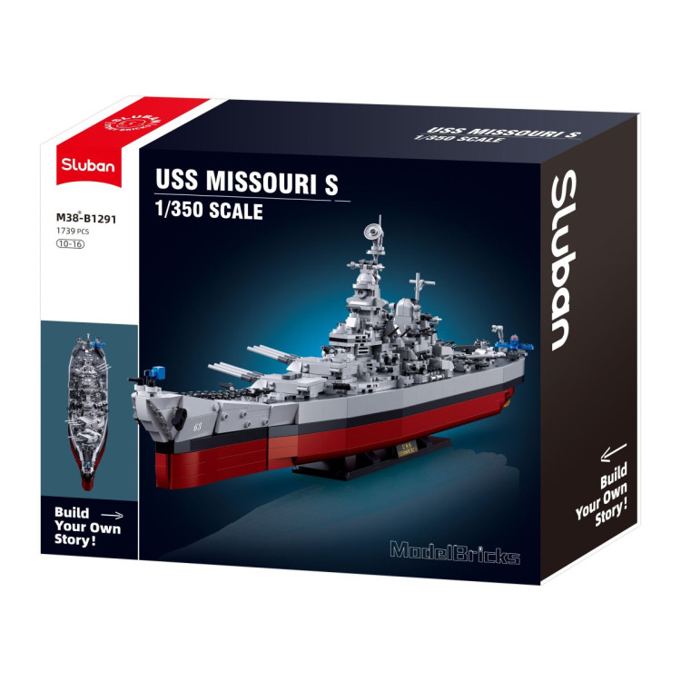 Sluban B1291 Model Kit 1:350 USS Missouri BB63 Mighty Mo Battleship Warship WWII Navy Vessel Boat Blocks DIY Set Toy image 3