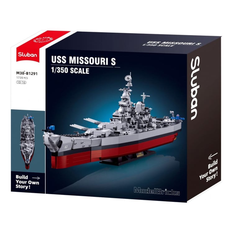 Sluban B1291 Model Kit 1:350 USS Missouri BB63 Mighty Mo Battleship Warship WWII Navy Vessel Boat Blocks DIY Set Toy image 3