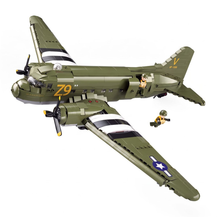 Sluban B1366 Model Kit 1:44 C47 Skytrain Airtrain Cargo Transport Aircraft WWII Air Force Building Blocks DIY Set Toy