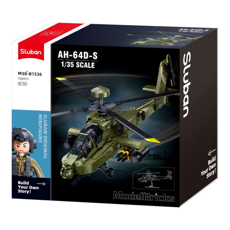 Sluban B1536 Model Kit 1:44 AH-64D Apache Attack Helicopter Chopper Gunship Army Military Air Force Blocks DIY Set Toy image 3