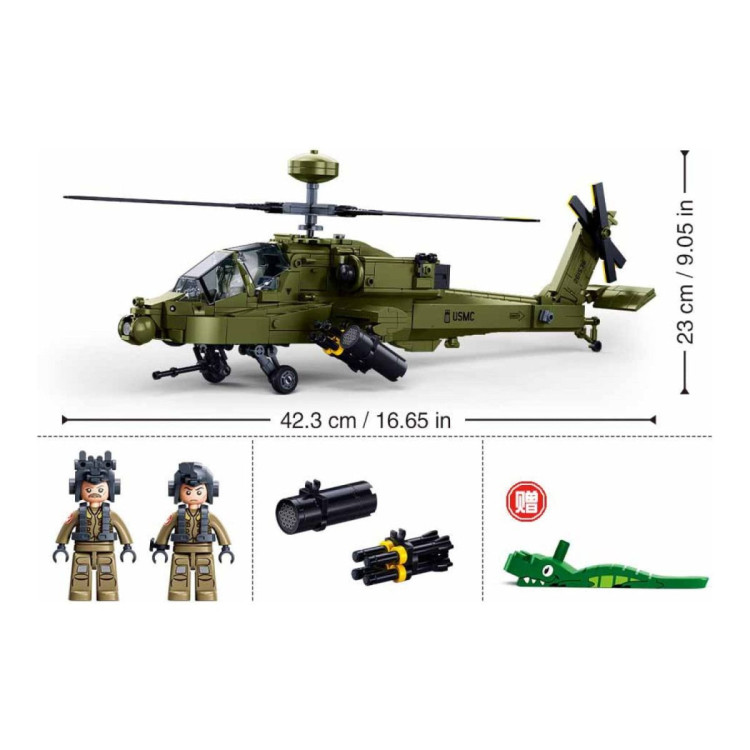 Sluban B1536 Model Kit 1:44 AH-64D Apache Attack Helicopter Chopper Gunship Army Military Air Force Blocks DIY Set Toy image 4