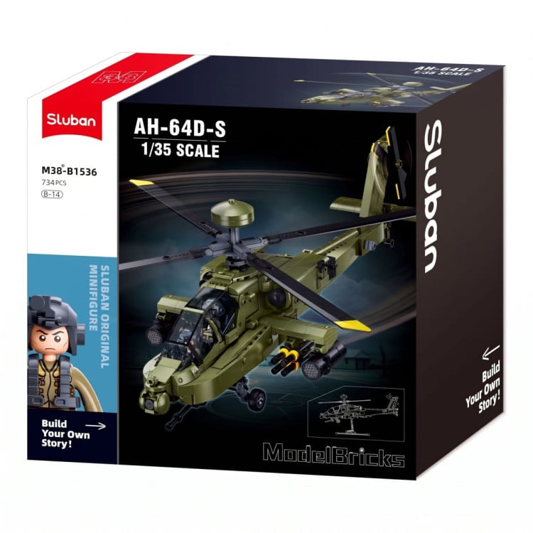 Sluban B1536 Model Kit 1:44 AH-64D Apache Attack Helicopter Chopper Gunship Army Military Air Force Blocks DIY Set Toy image 3