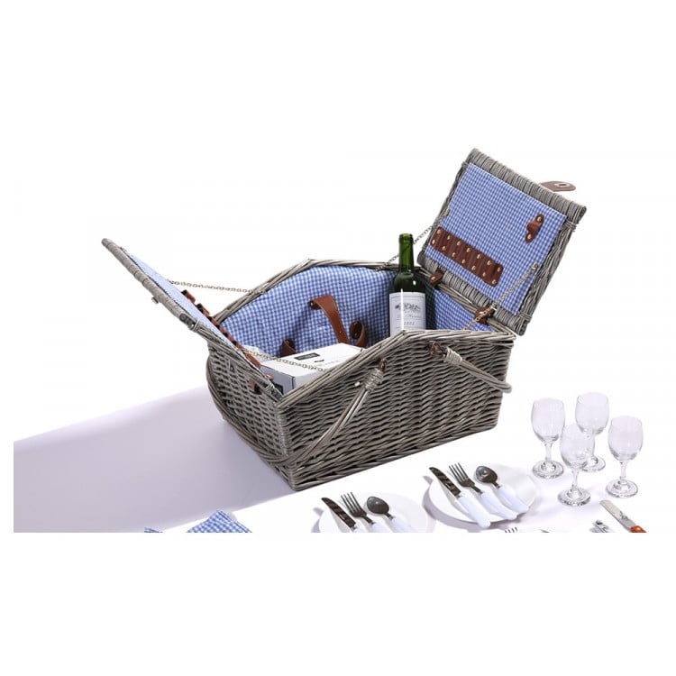 Wicker 4 Person Folding Handle Picnic Basket With Blanket Grey image 3