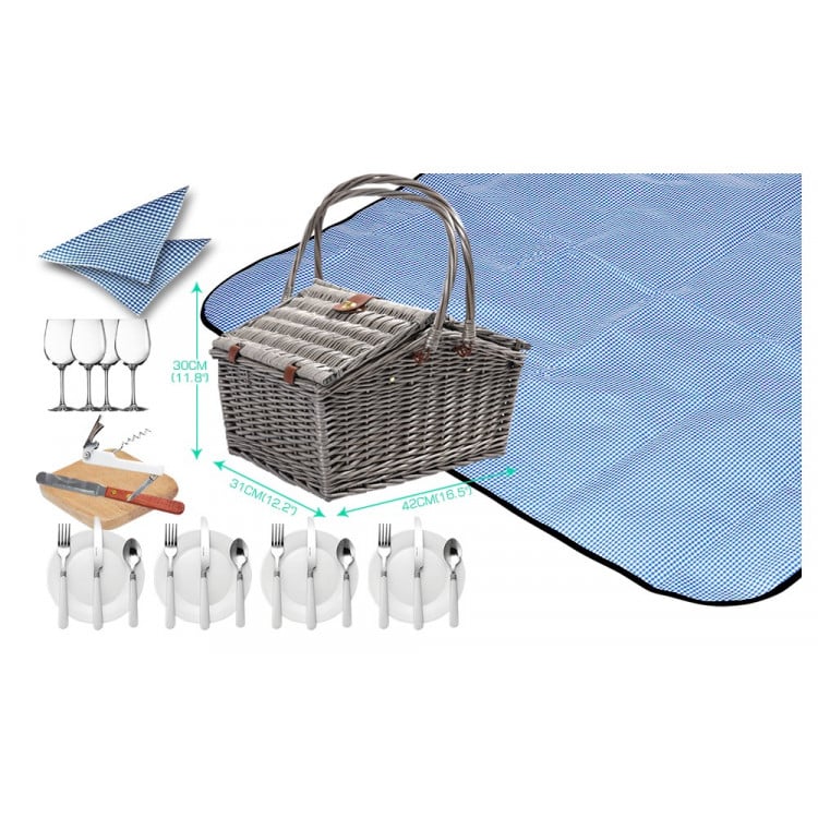 Wicker 4 Person Folding Handle Picnic Basket With Blanket Grey image 6