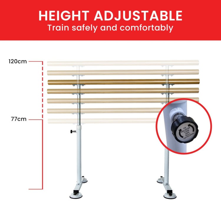 Powertrain 150cm Freestanding Ballet Barre Portable Adjustable Height Dance Bar Pine Wood Pole Home Studio image 6