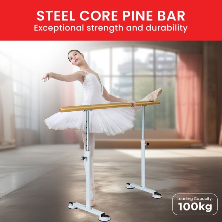 Powertrain 150cm Freestanding Ballet Barre Portable Adjustable Height Dance Bar Pine Wood Pole Home Studio image 5