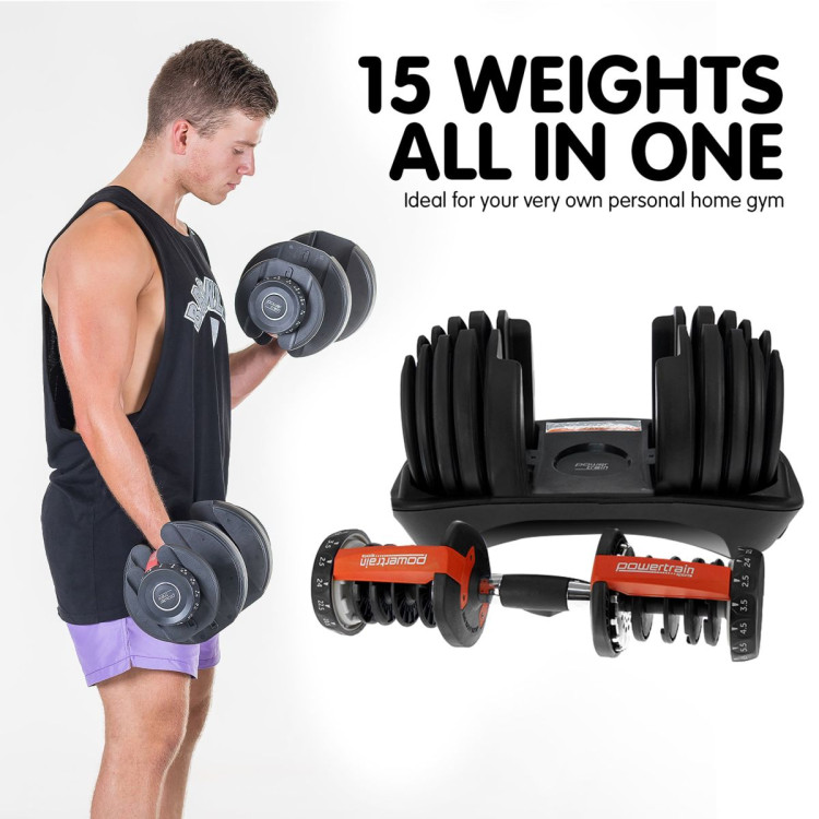 Powertrain 48KG Adjustable Dumbbell Set - Red with Height-Variable Bench image 12