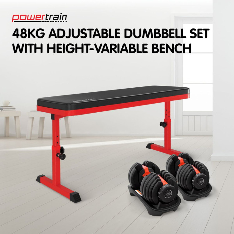 Powertrain 48KG Adjustable Dumbbell Set - Red with Height-Variable Bench image 3