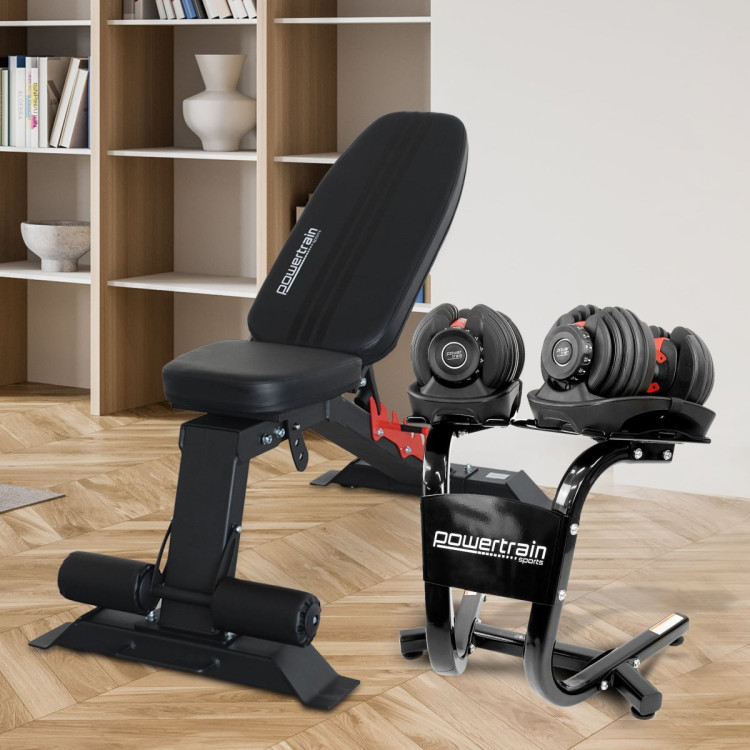 Powertrain 48KG Adjustable Dumbbell Set (Red) & Stand with Flat Incline Decline Bench image 17