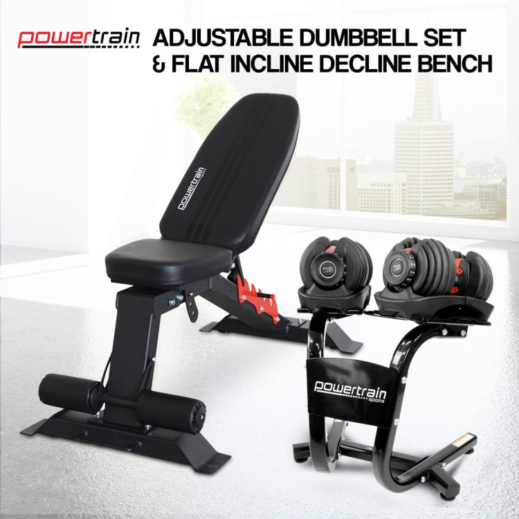 Powertrain 48KG Adjustable Dumbbell Set (Red) & Stand with Flat Incline Decline Bench image 3