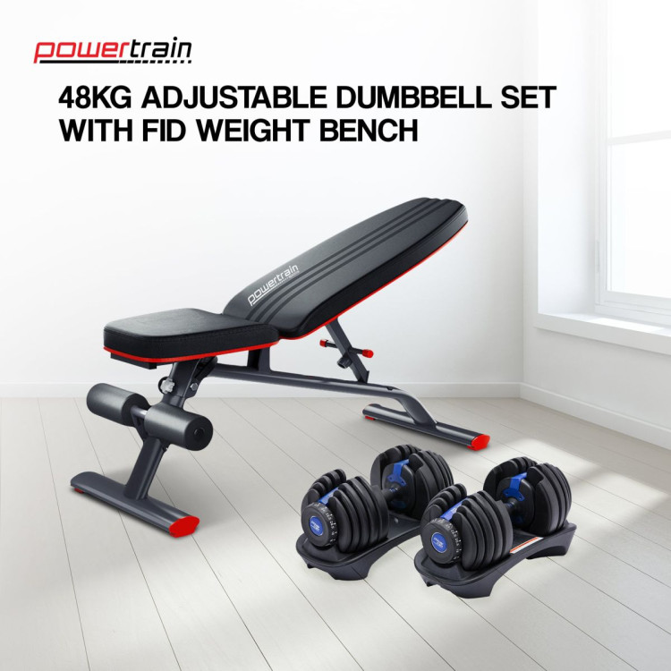 Powertrain 48KG Adjustable Dumbbell Set (Blue) with FID Weight Bench image 3