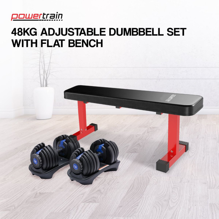 Powertrain 48KG Adjustable Dumbbell Set (Blue) with Flat Bench image 3