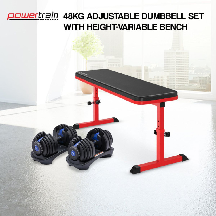 Powertrain 48KG Adjustable Dumbbell Set - Blue with Height-Variable Bench image 3