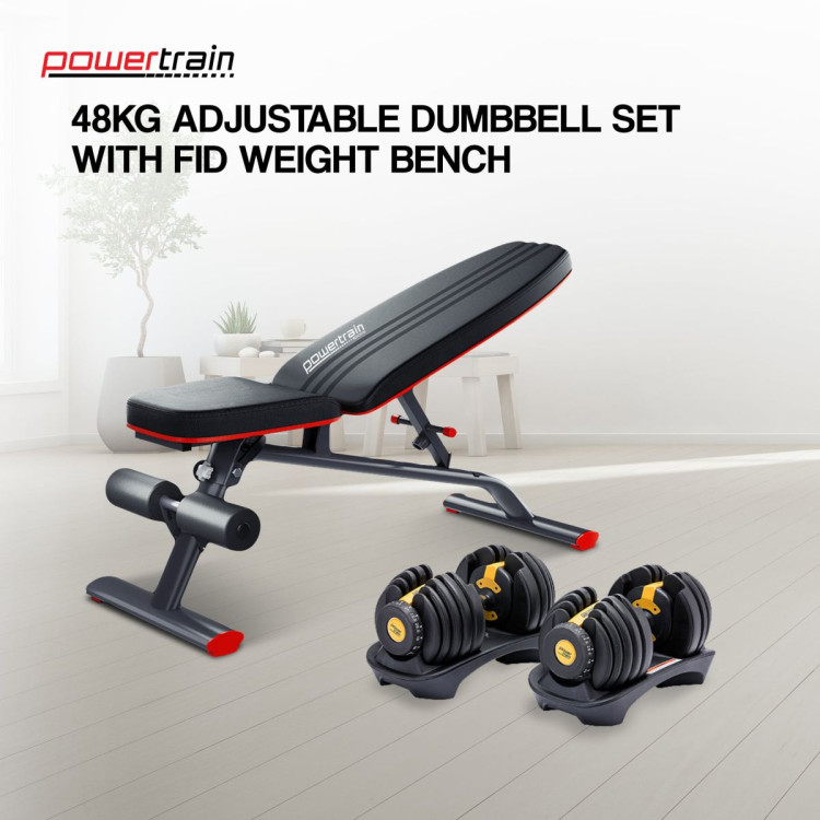 Powertrain 48KG Adjustable Dumbbell Set (Gold) with FID Weight Bench image 3