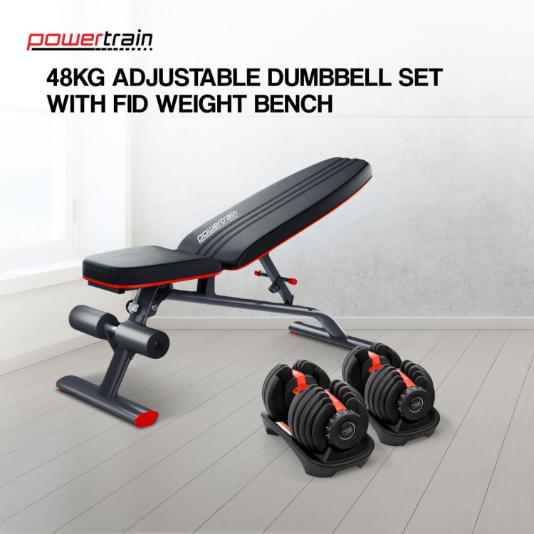Powertrain 48KG Adjustable Dumbbell Set (Red) with FID Weight Bench image 3