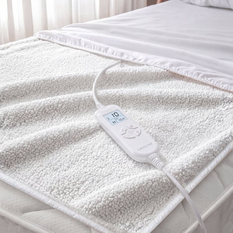 Heated Electric Blanket Single Size Fitted Fleece Underlay Winter Throw - White image 10