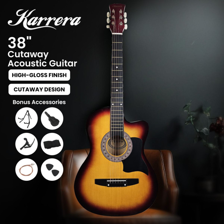 Karrera 38in Pro Cutaway Acoustic Guitar with Bag Strings - Sun Burst image 5
