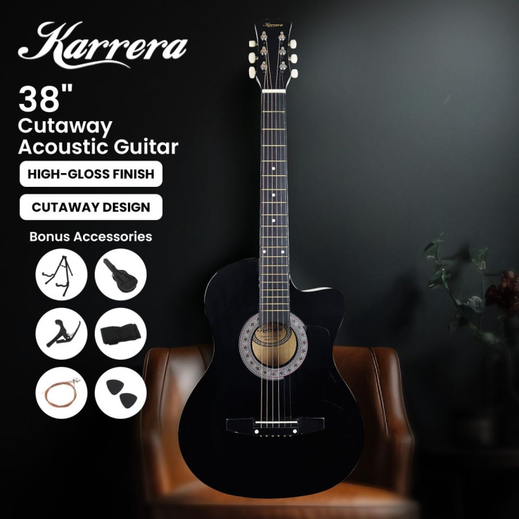 Karrera 38in Pro Cutaway Acoustic Guitar with Carry Bag - Black image 5