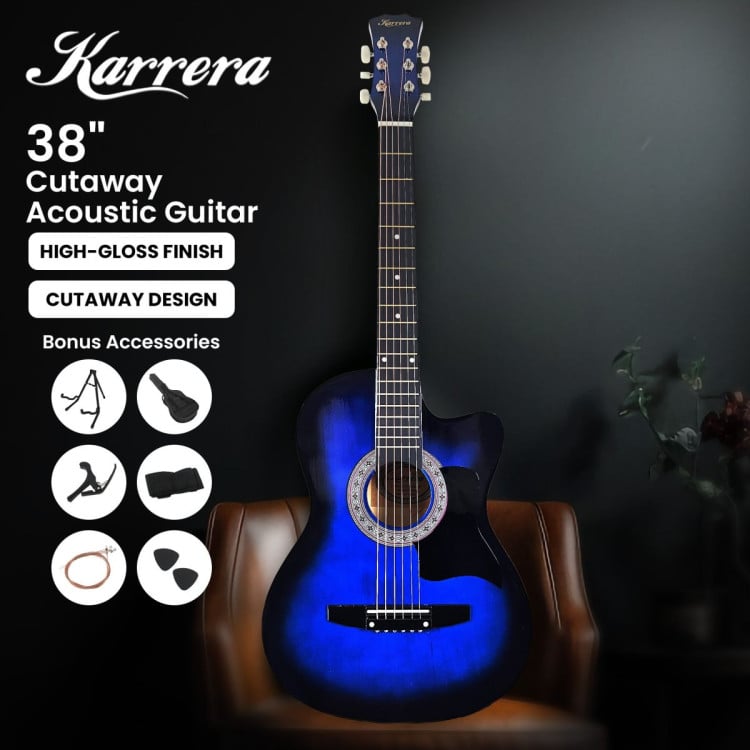 Karrera 38in Pro Cutaway Acoustic Guitar with Bag Strings - Blue Burst image 5