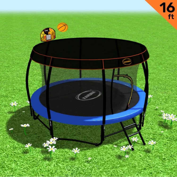 Kahuna Trampoline 16 ft with Basketball Set and Roof - Blue