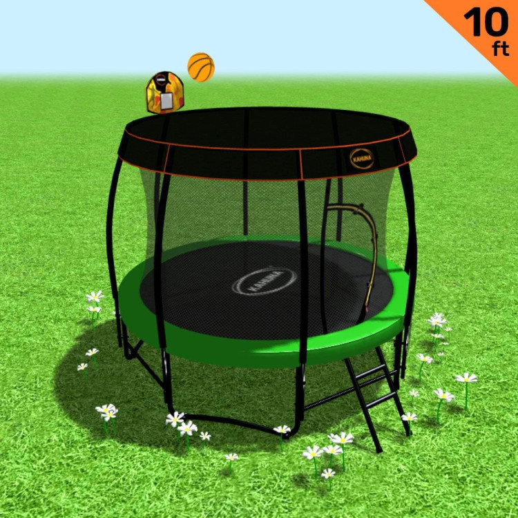 Kahuna Trampoline 10 ft with Basketball Set and Roof - Green