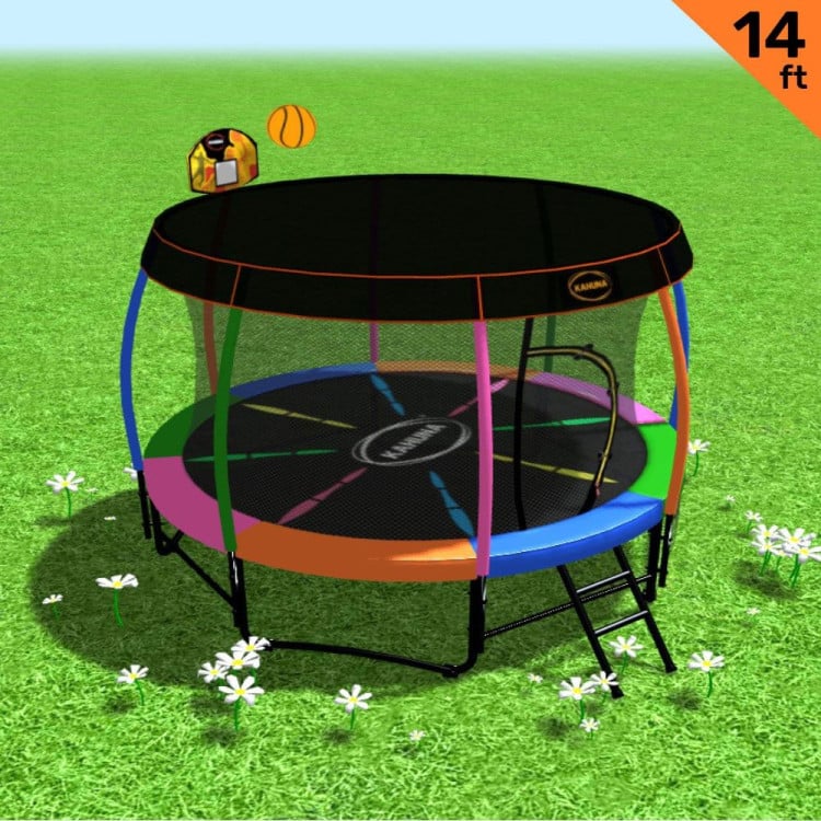 Kahuna Trampoline 14 ft with Basketball Set and Roof - Rainbow