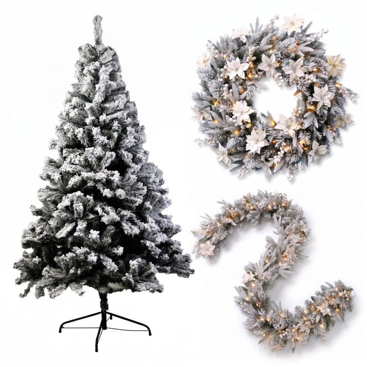 Christabelle 3pc Christmas Set: 1.5m Snow Flocked Tree 61cm Pre-Lit LED Wreath & 2.74m Frosted Garland Holiday Decor