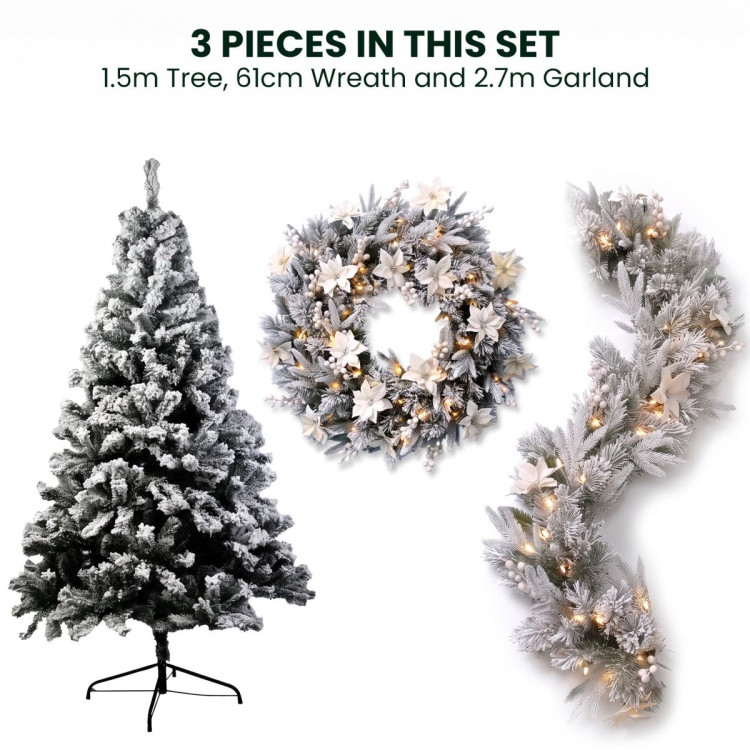 Christabelle 3pc Christmas Set: 1.5m Snow Flocked Tree 61cm Pre-Lit LED Wreath & 2.74m Frosted Garland Holiday Decor image 15