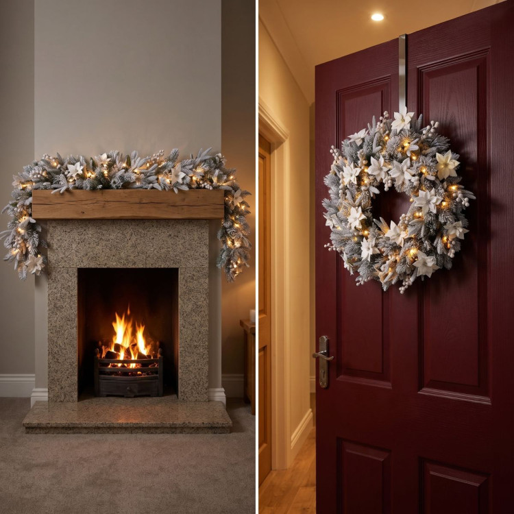 Christabelle 3pc Christmas Set: 1.5m Snow Flocked Tree 61cm Pre-Lit LED Wreath & 2.74m Frosted Garland Holiday Decor image 9