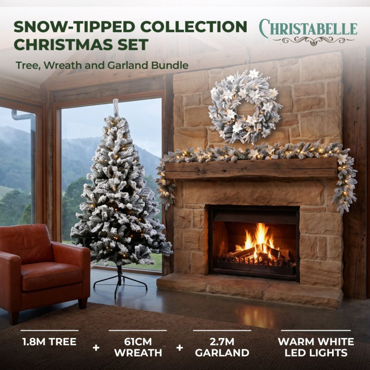 Christabelle Snow-Tipped Snowflocked Tree 61cm Snow Wreath Colonial with Lights 2.74m Garland Snow Frosted image 3