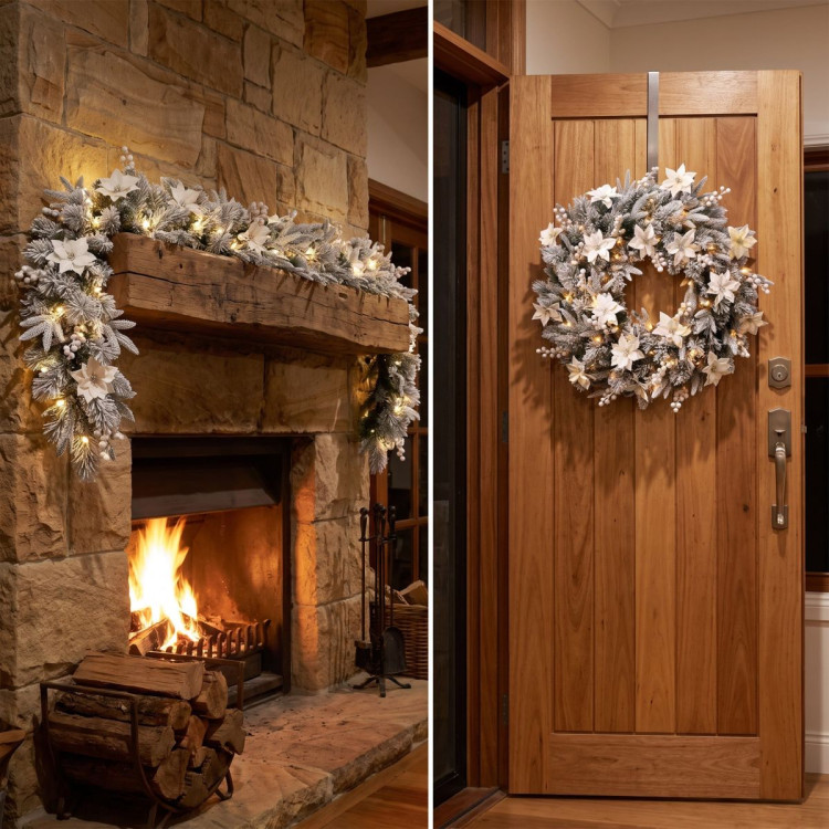 Christabelle Snow-Tipped Snowflocked Tree 61cm Snow Wreath Colonial with Lights 2.74m Garland Snow Frosted image 9