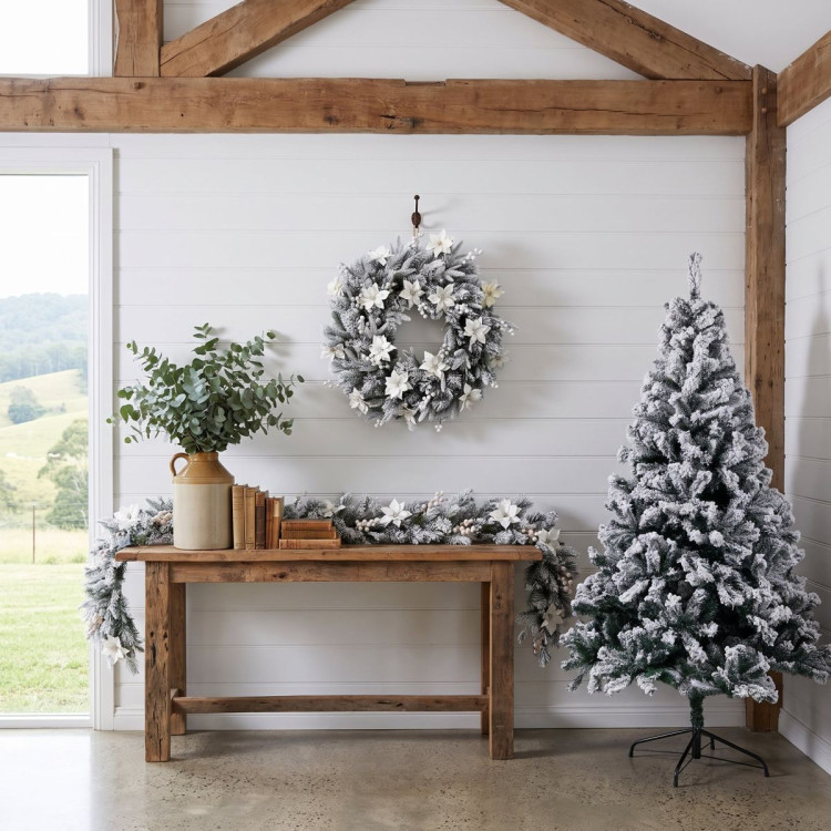Christabelle Snow-Tipped Snowflocked Tree 61cm Snow Wreath Colonial with Lights 2.74m Garland Snow Frosted image 10