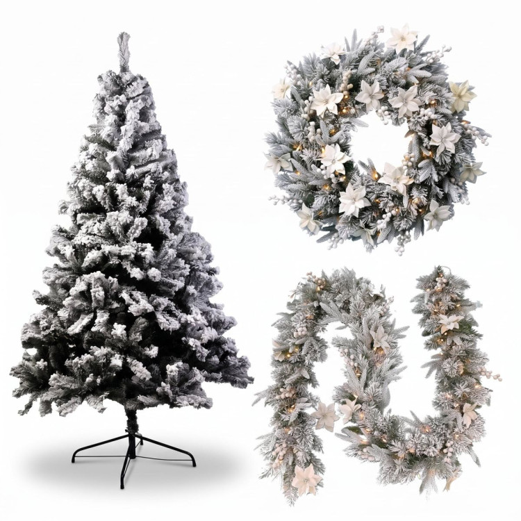 Christabelle Snow-Tipped Tree 61cm Snow Wreath Colonial with Lights 2.74m Garland Snow Frosted