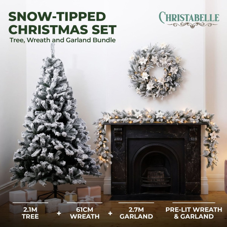 Christabelle Snow-Tipped Tree 61cm Snow Wreath Colonial with Lights 2.74m Garland Snow Frosted image 3