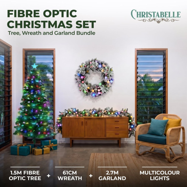 Christabelle 1.5m Pre-Lit Fibre Optic Tree Stunning 61cm Snowy Wreath 2.7m Snowy Garland with LED image 3