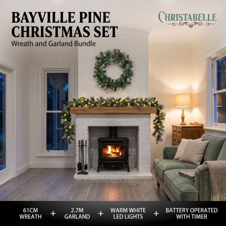 Christabelle Pre-Lit Bayville Pine Christmas Wreath 61cm or Garland 2.7m with 50 LED Lights, Pine Cones & Timer image 4
