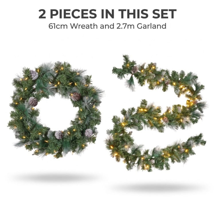 Christabelle Pre-Lit Bayville Pine Christmas Wreath 61cm or Garland 2.7m with 50 LED Lights, Pine Cones & Timer image 3